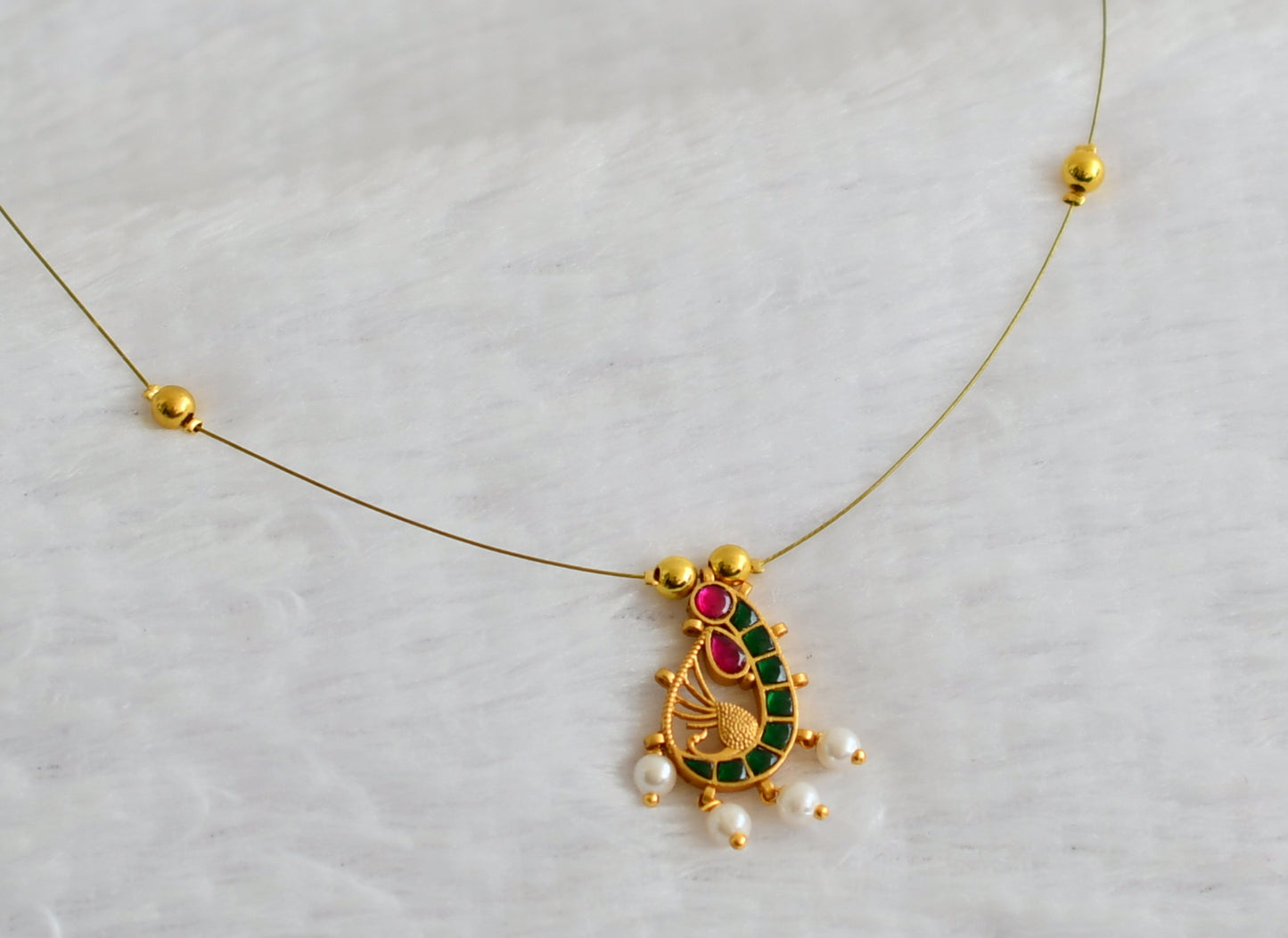 Gold tone green-pink kundan jadau pearl peacock invisible necklace dj-49316