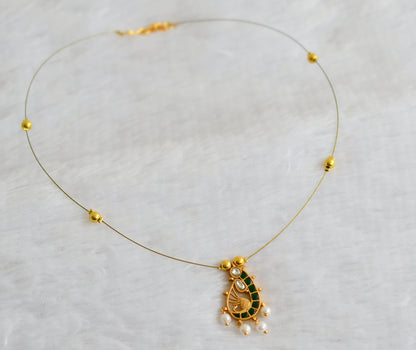 Gold tone green kundan jadau pearl peacock invisible necklace dj-49318