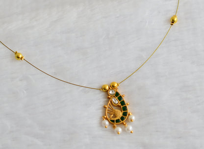 Gold tone green kundan jadau pearl peacock invisible necklace dj-49318