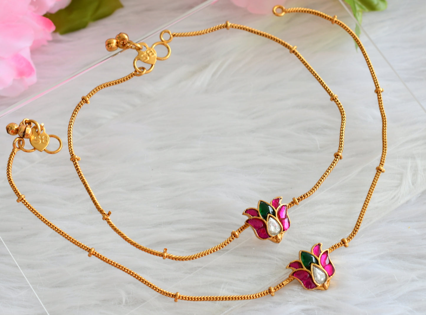 Matte finish pink-green-white kundan jadau anklets dj-44091