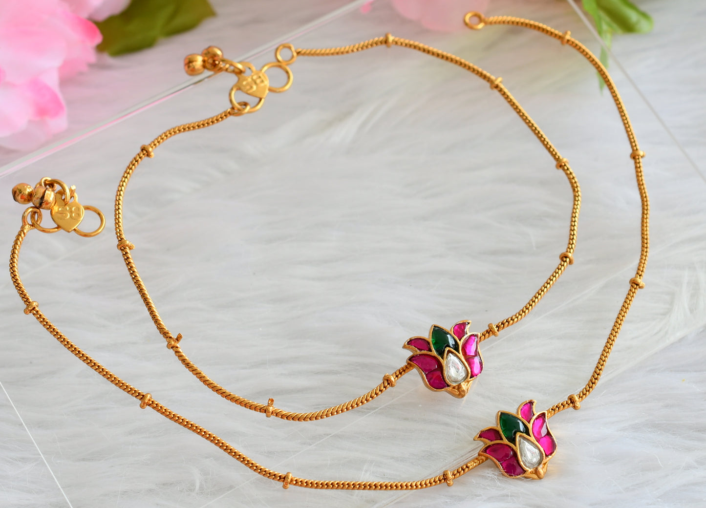 Matte finish pink-green-white kundan jadau anklets dj-44091