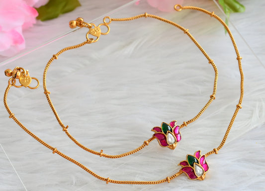 Matte finish pink-green-white kundan jadau anklets dj-44091