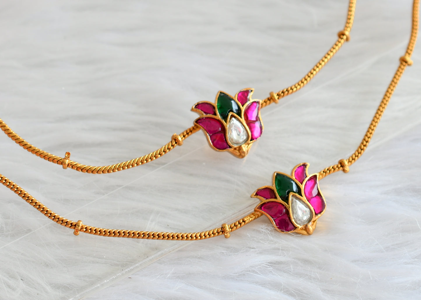 Matte finish pink-green-white kundan jadau anklets dj-44091