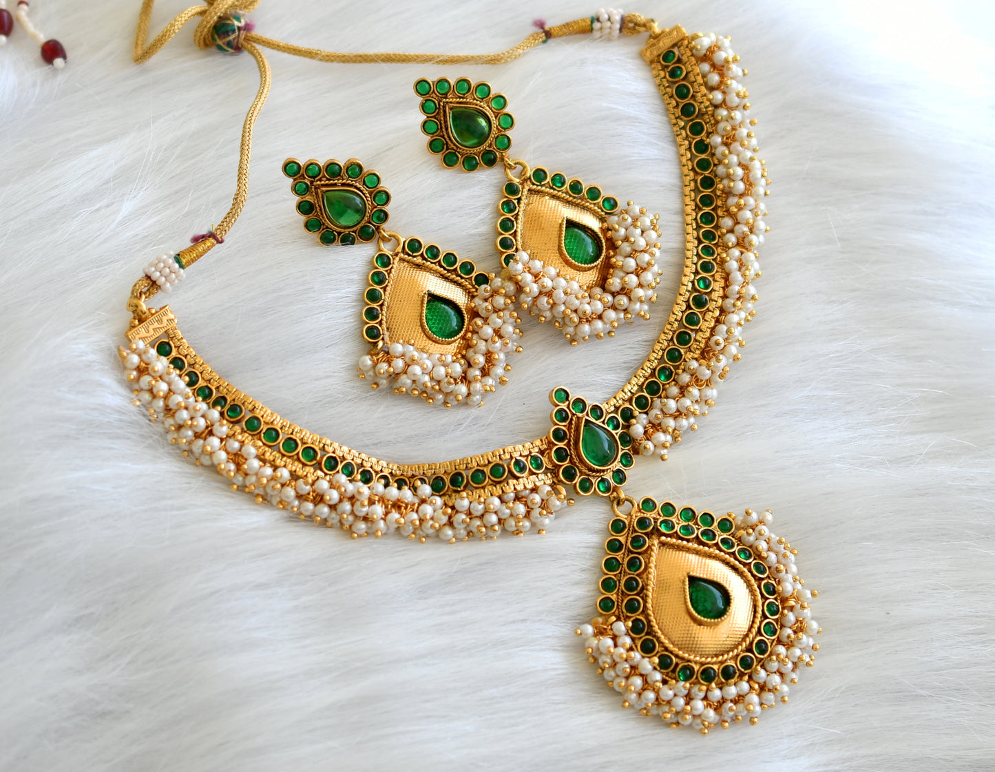 Antique pearl cluster green necklace set dj-07496