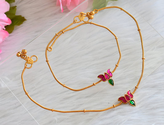 Matte finish pink-green lotus kundan jadau anklets dj-44093