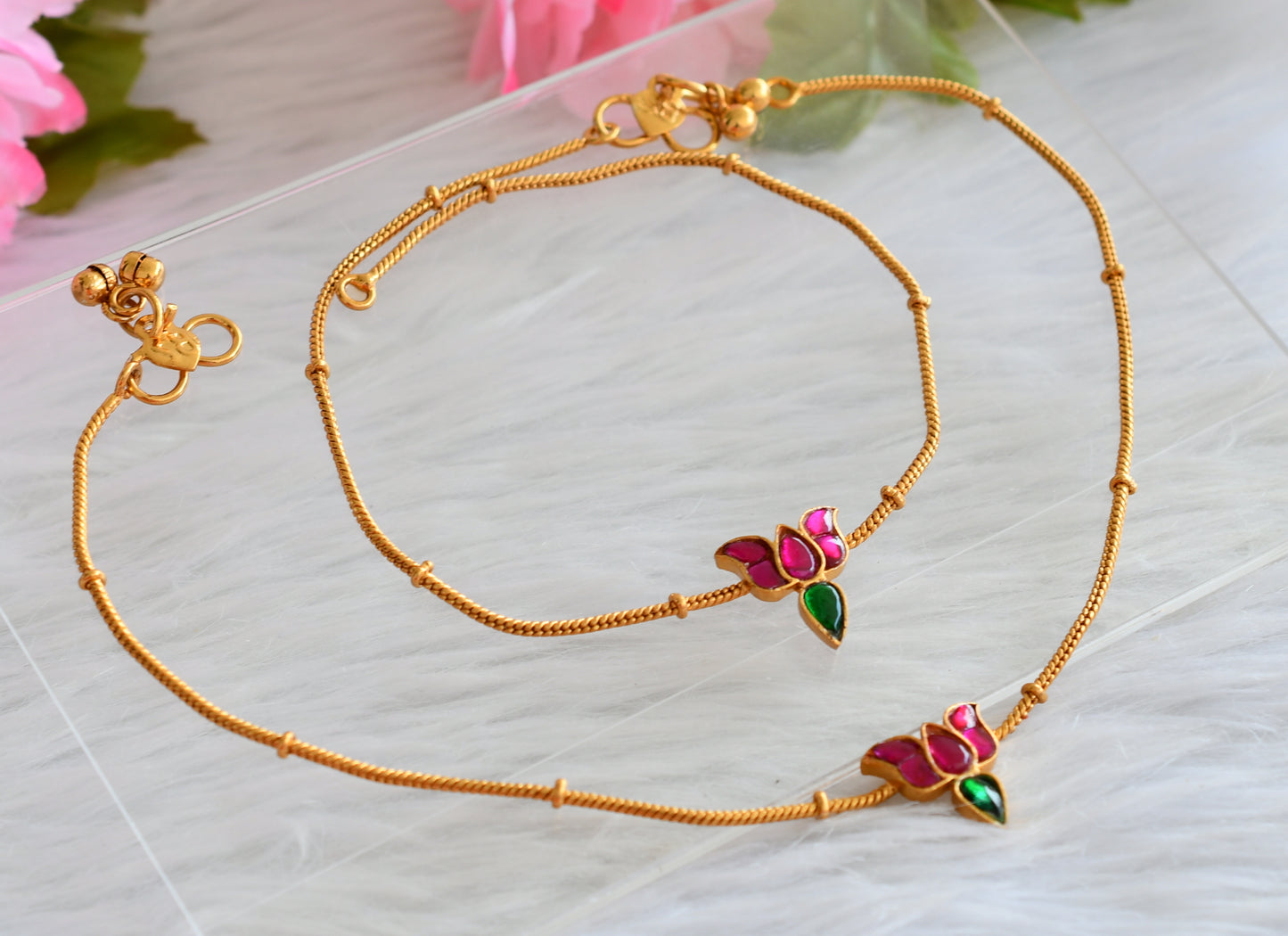 Matte finish pink-green lotus kundan jadau anklets dj-44093