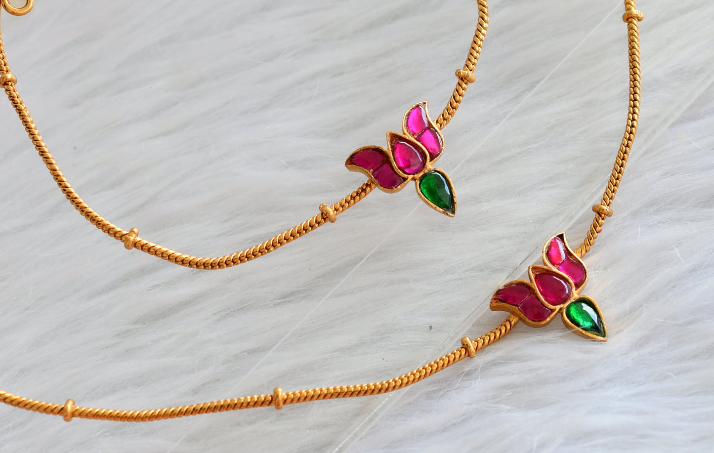 Matte finish pink-green lotus kundan jadau anklets dj-44093