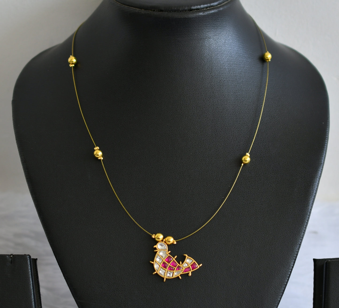 Gold tone pink-white kundan jadau bird invisible necklace dj-49309