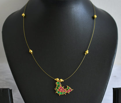 Gold tone pink-green kundan jadau bird invisible necklace dj-49310