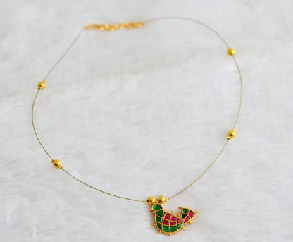 Gold tone pink-green kundan jadau bird invisible necklace dj-49310