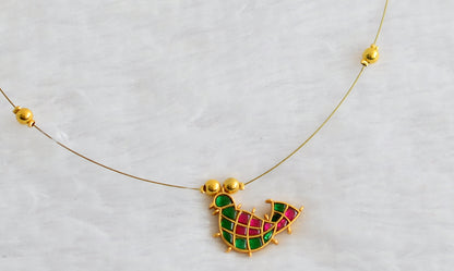 Gold tone pink-green kundan jadau bird invisible necklace dj-49310