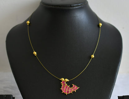 Gold tone pink kundan jadau bird invisible necklace dj-49313