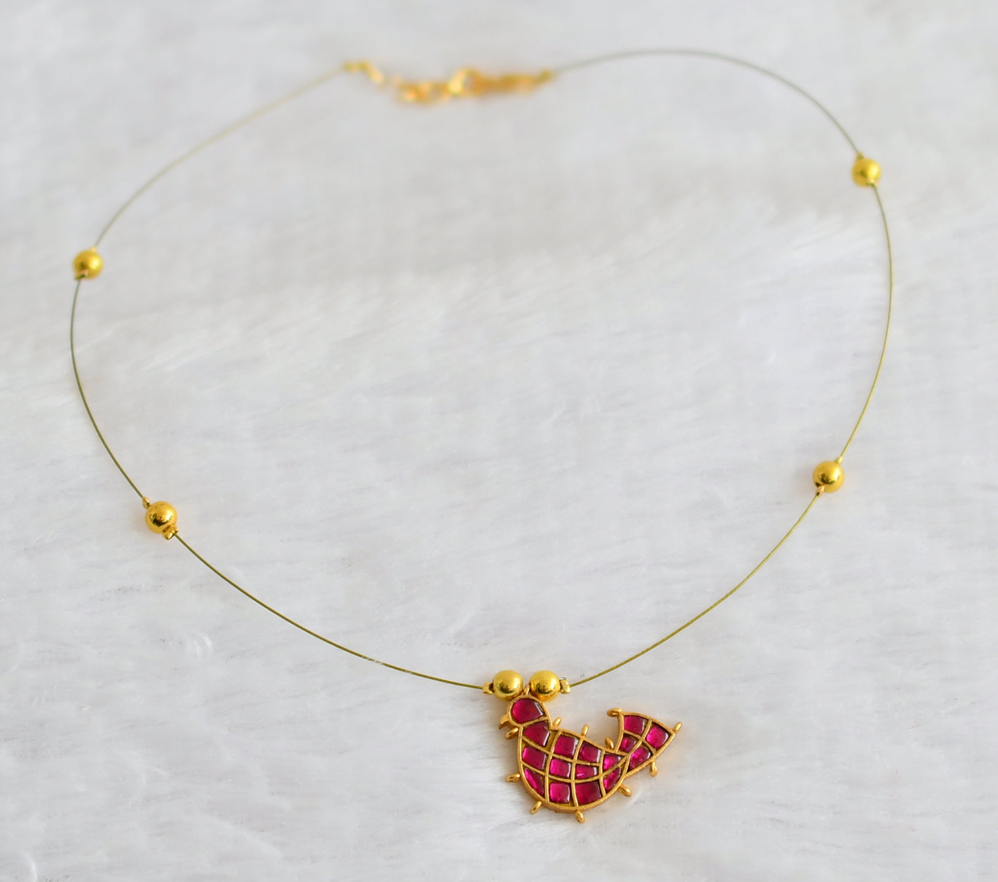 Gold tone pink kundan jadau bird invisible necklace dj-49313