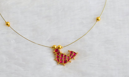 Gold tone pink kundan jadau bird invisible necklace dj-49313