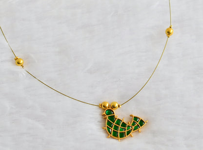 Gold tone green kundan jadau bird invisible necklace dj-49308