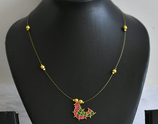 Gold tone green-pink kundan jadau bird invisible necklace dj-49311