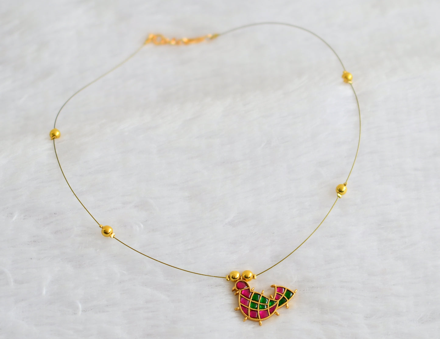 Gold tone green-pink kundan jadau bird invisible necklace dj-49311