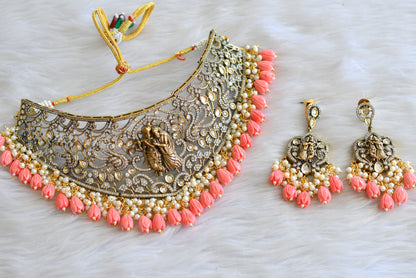 Antique Cz Pink tulip beaded Radhe-Krishna Victorian choker necklace set dj-42751