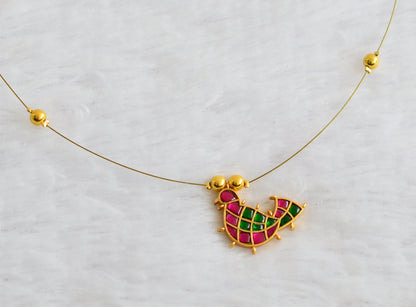 Gold tone green-pink kundan jadau bird invisible necklace dj-49311