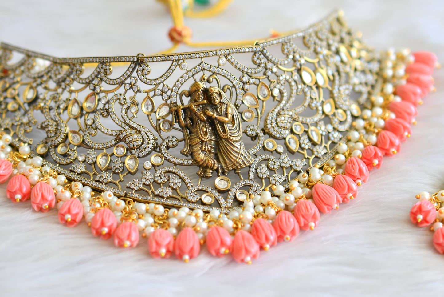 Antique Cz Pink tulip beaded Radhe-Krishna Victorian choker necklace set dj-42751