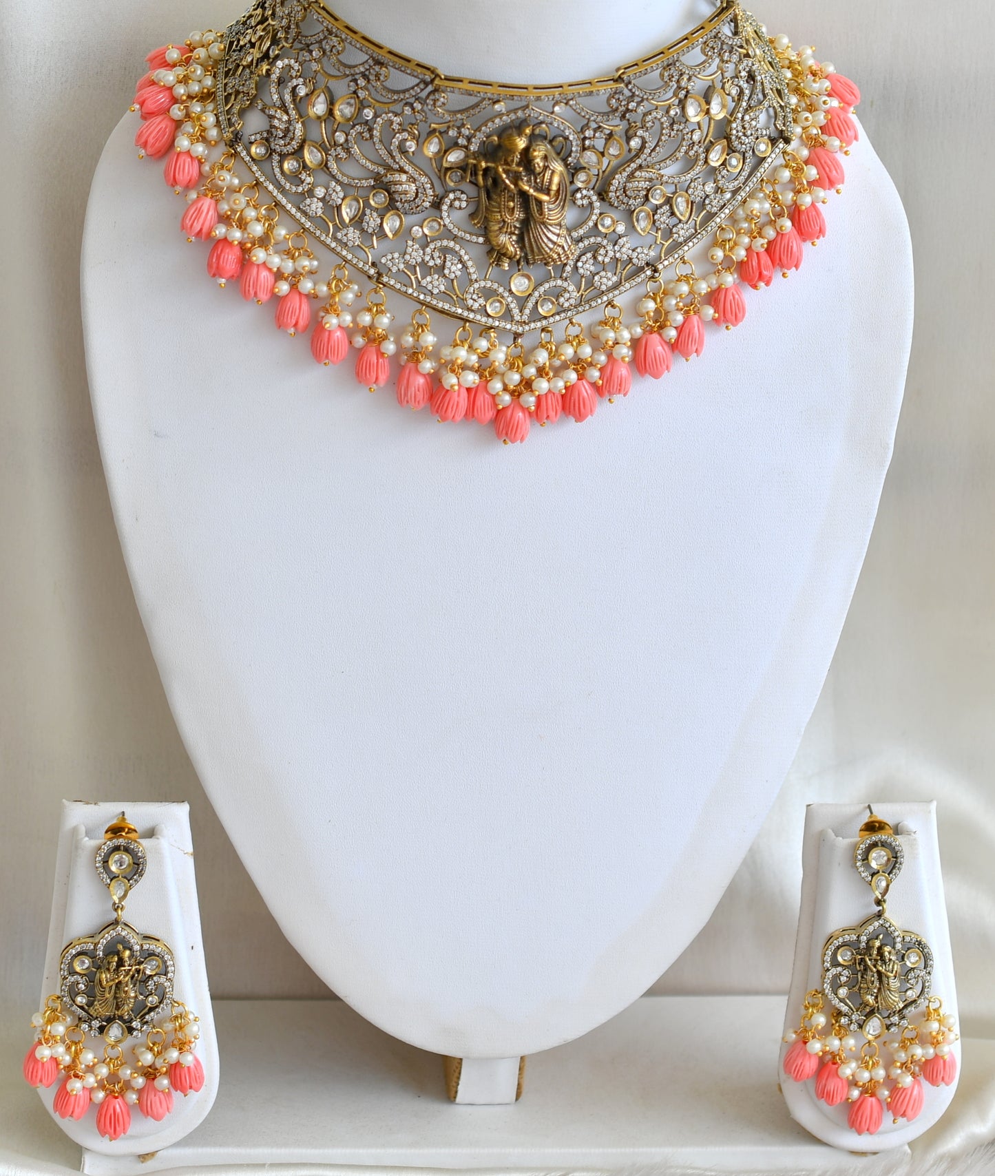 Antique Cz Pink tulip beaded Radhe-Krishna Victorian choker necklace set dj-42751