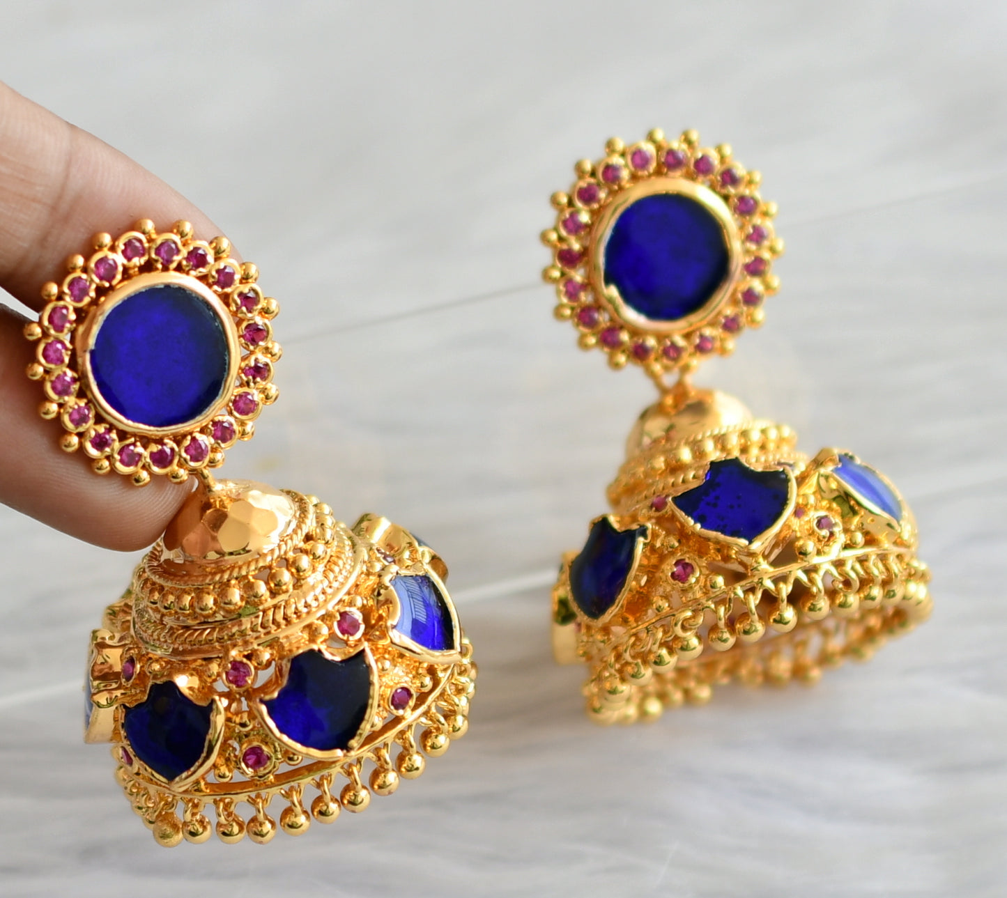 Gold look alike ad pink-blue big 7 petal palakka jhumkka dj-45853