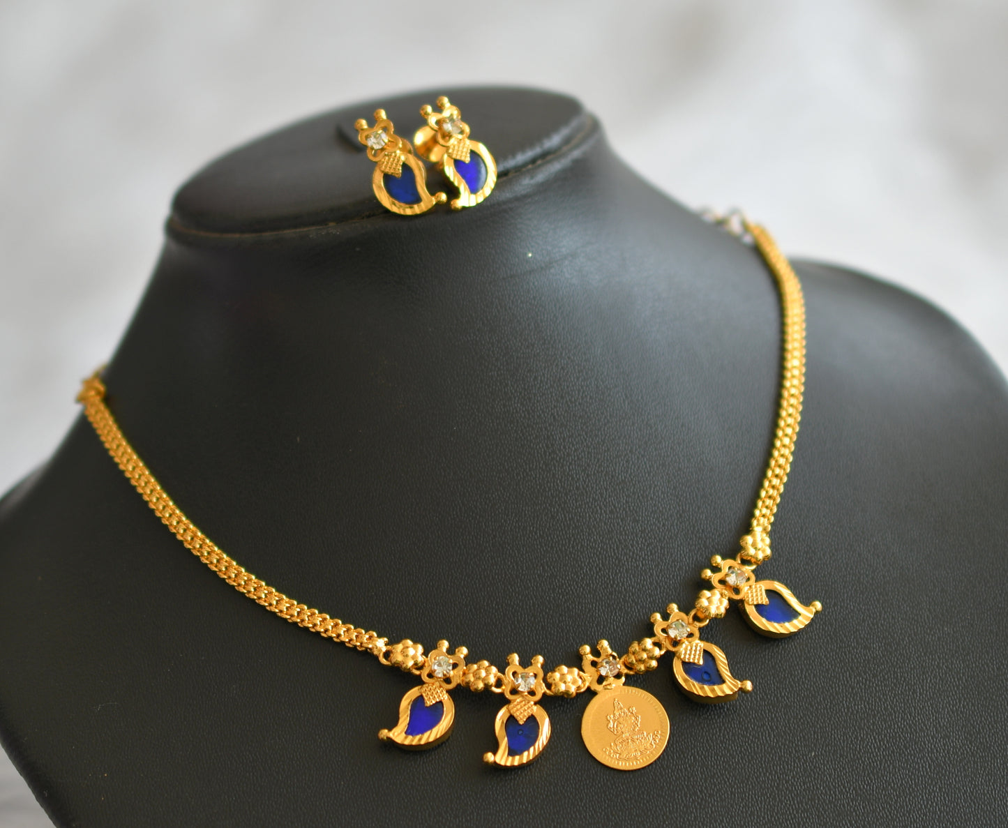 Gold tone white-blue mango lakshmi coin  kerala style necklace set dj-45861