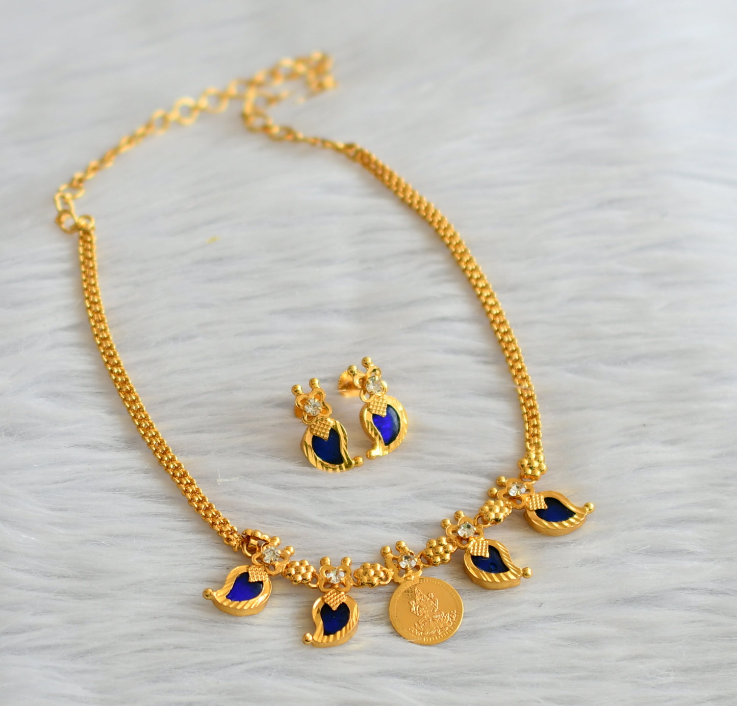 Gold tone white-blue mango lakshmi coin  kerala style necklace set dj-45861