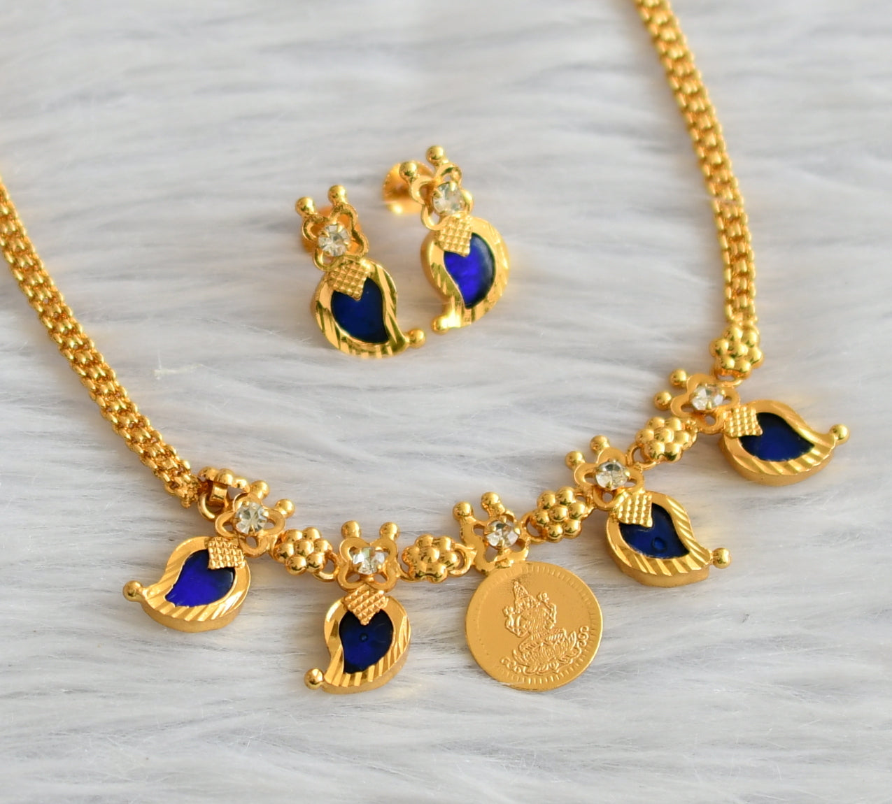 Gold tone white-blue mango lakshmi coin  kerala style necklace set dj-45861