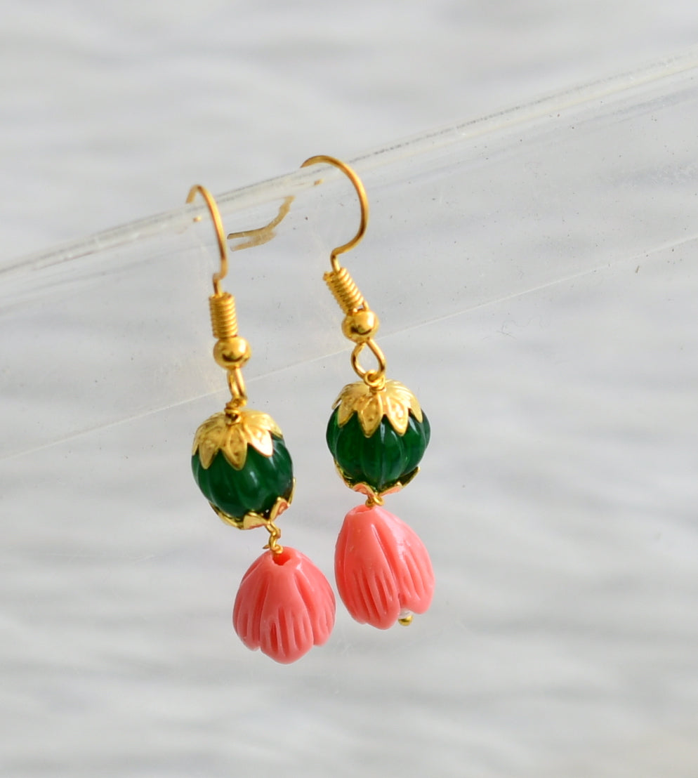 Gold tone green pumpkin pink tulip beaded earrings dj-45848