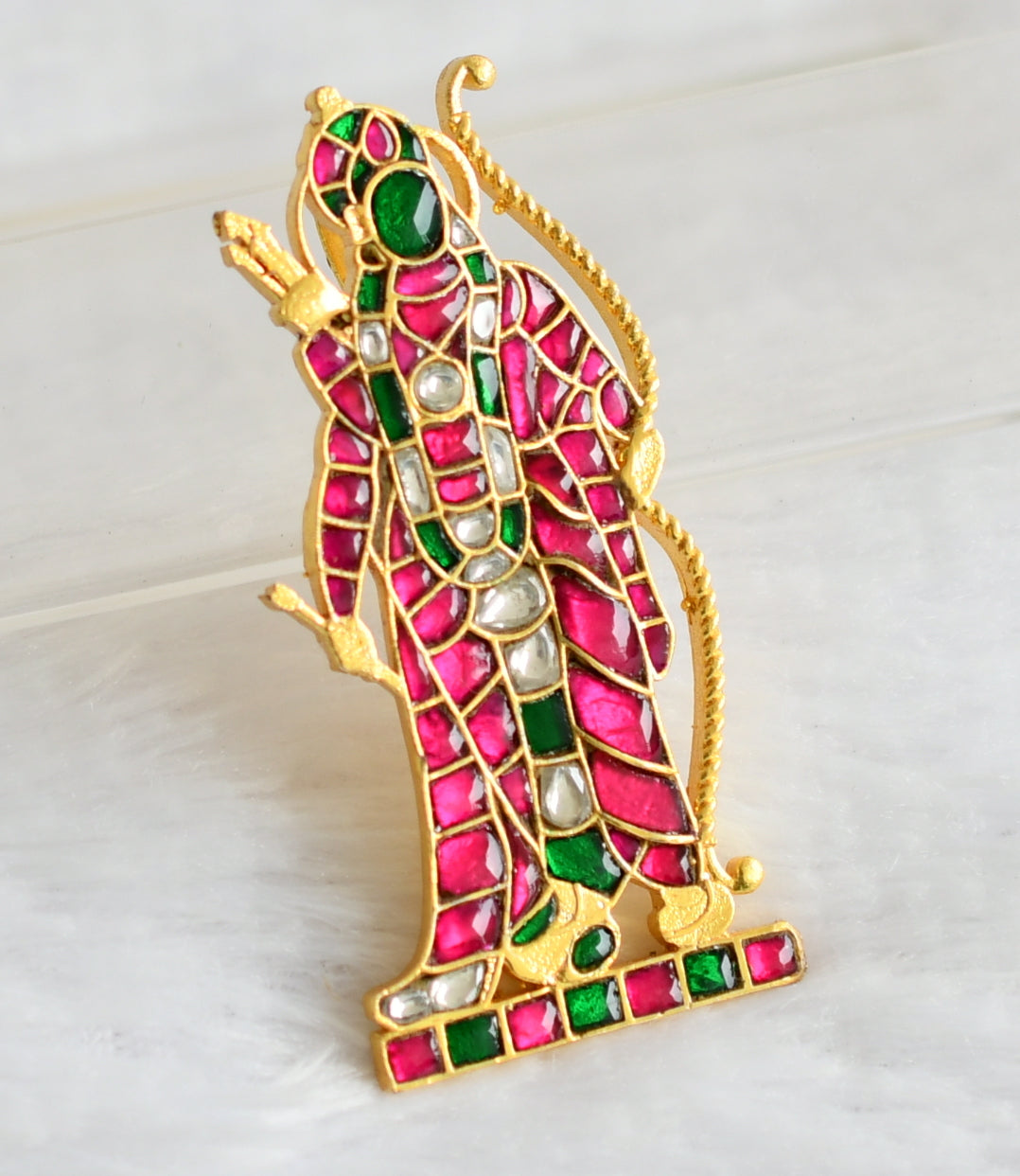 Gold tone pink-green-white kundan jadau Shri Ram pendant dj-49348