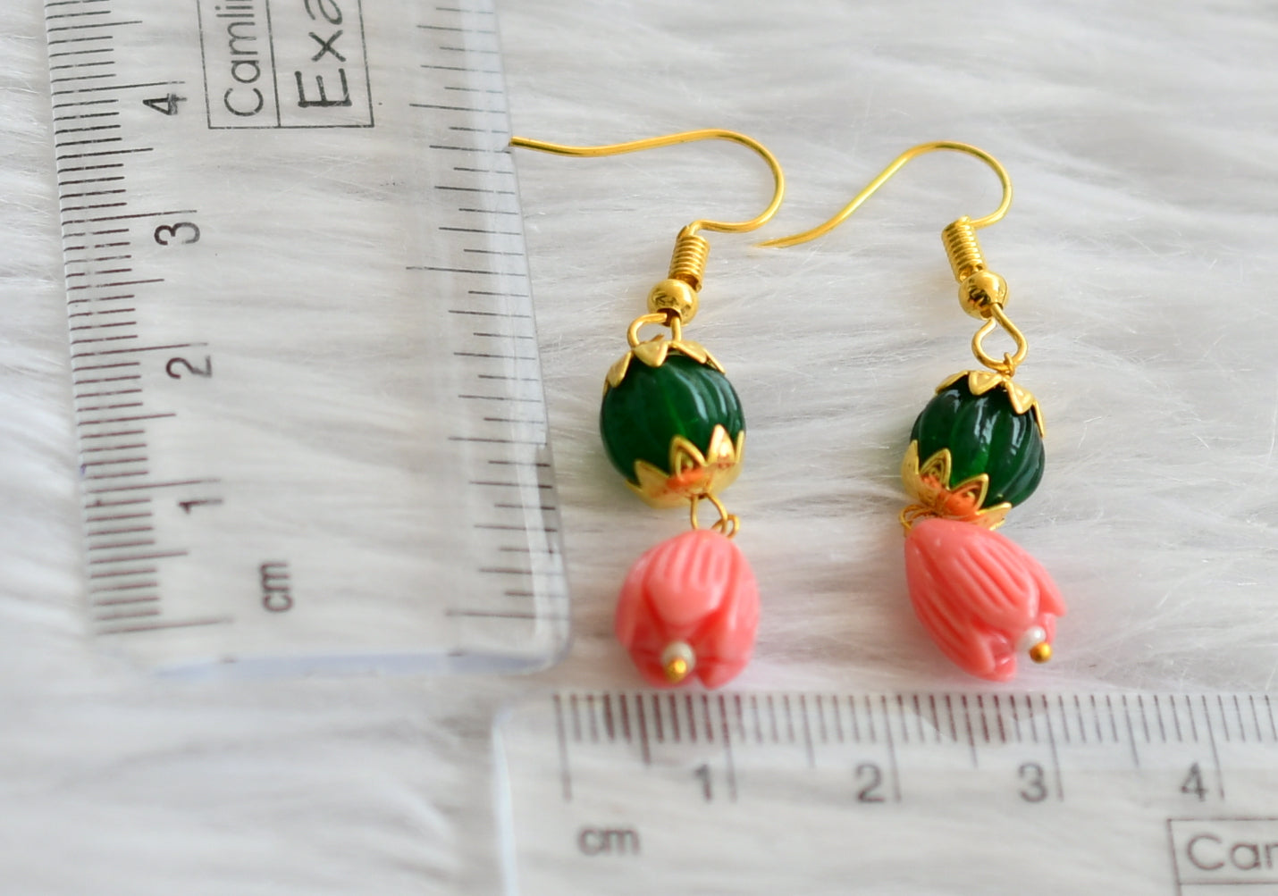 Gold tone green pumpkin pink tulip beaded earrings dj-45848