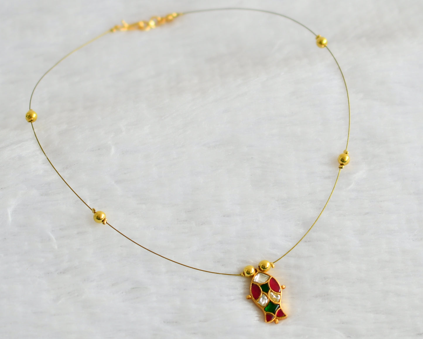 Gold tone pink-green-white kundan jadau fish invisible necklace dj-49327