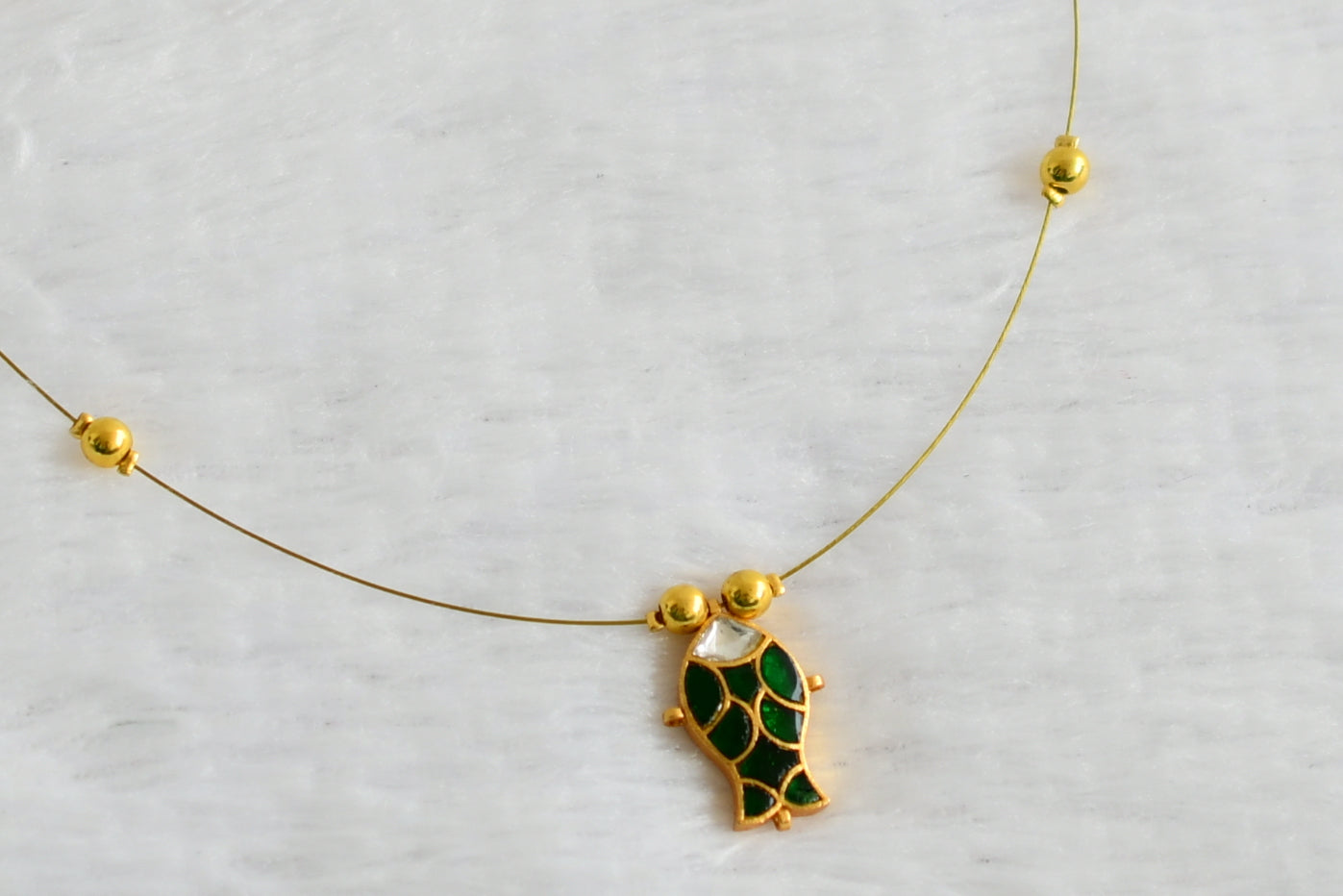 Gold tone green-white kundan jadau fish invisible necklace dj-49324