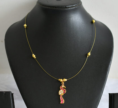 Gold tone pink-white kundan jadau peacock invisible necklace dj-49330