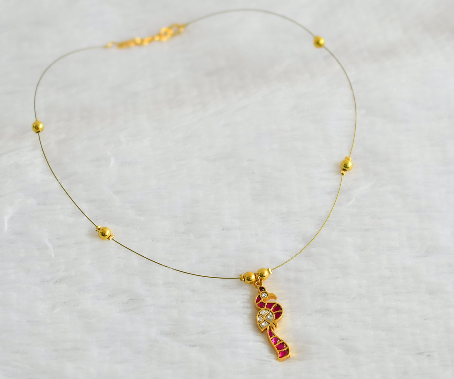 Gold tone pink-white kundan jadau peacock invisible necklace dj-49330