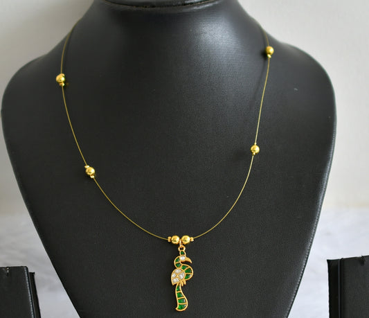 Gold tone green-white kundan jadau peacock invisible necklace dj-49332