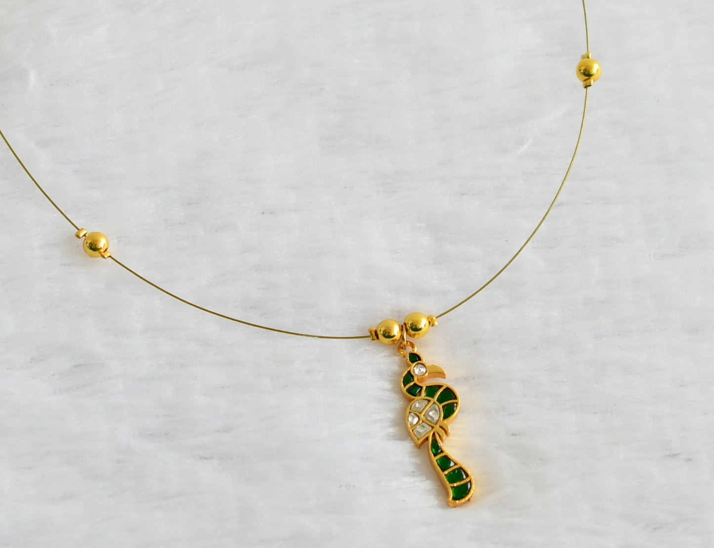 Gold tone green-white kundan jadau peacock invisible necklace dj-49332