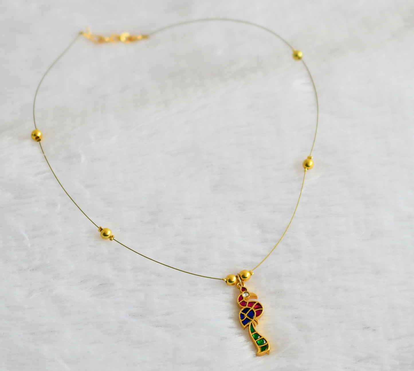 Gold tone pink-green-blue-white kundan jadau peacock invisible necklace dj-49331