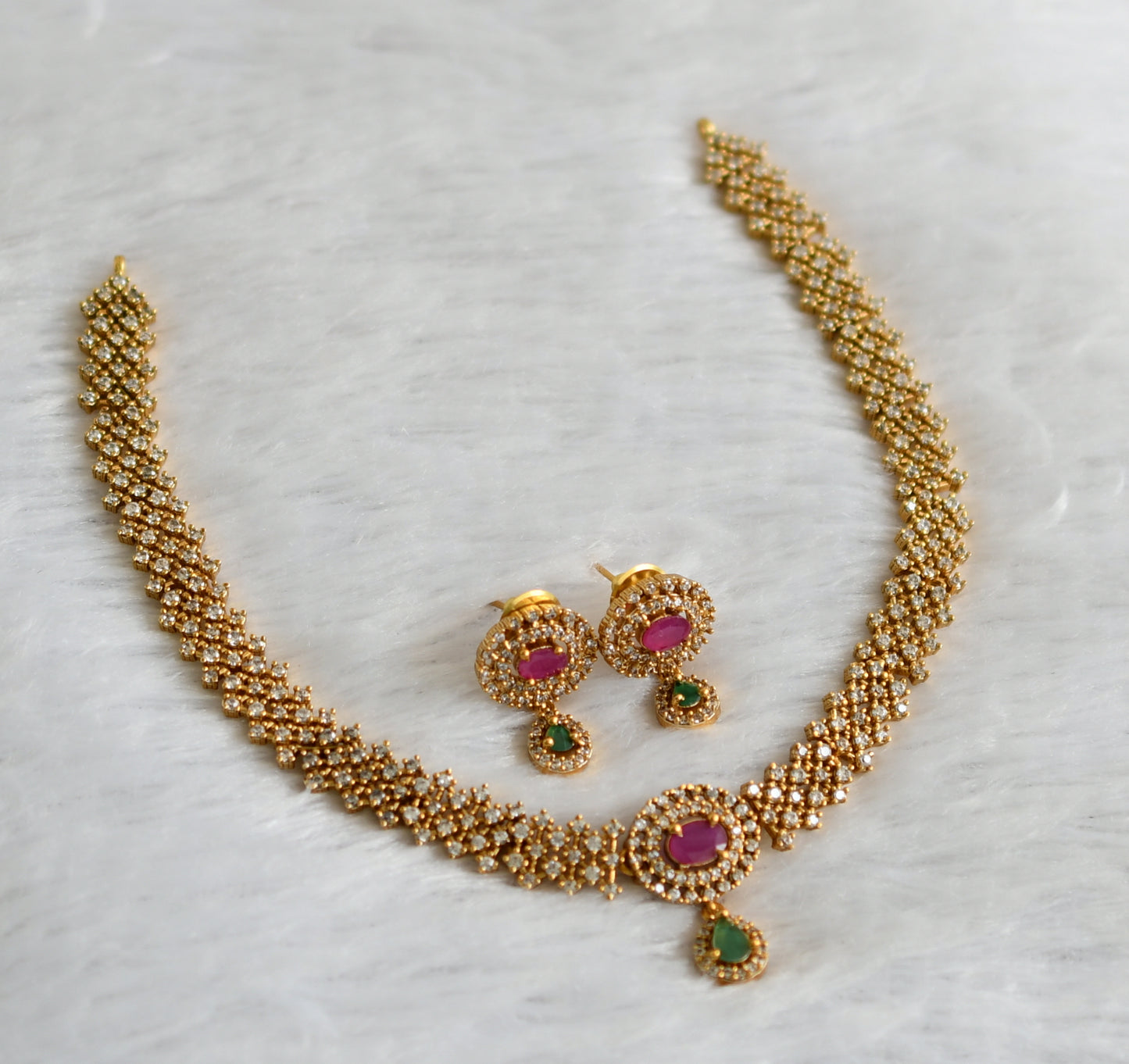 Matte finish cz white-ruby-green necklace set dj-47509