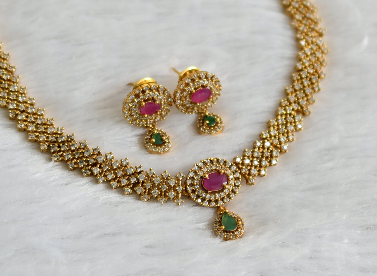 Matte finish cz white-ruby-green necklace set dj-47509