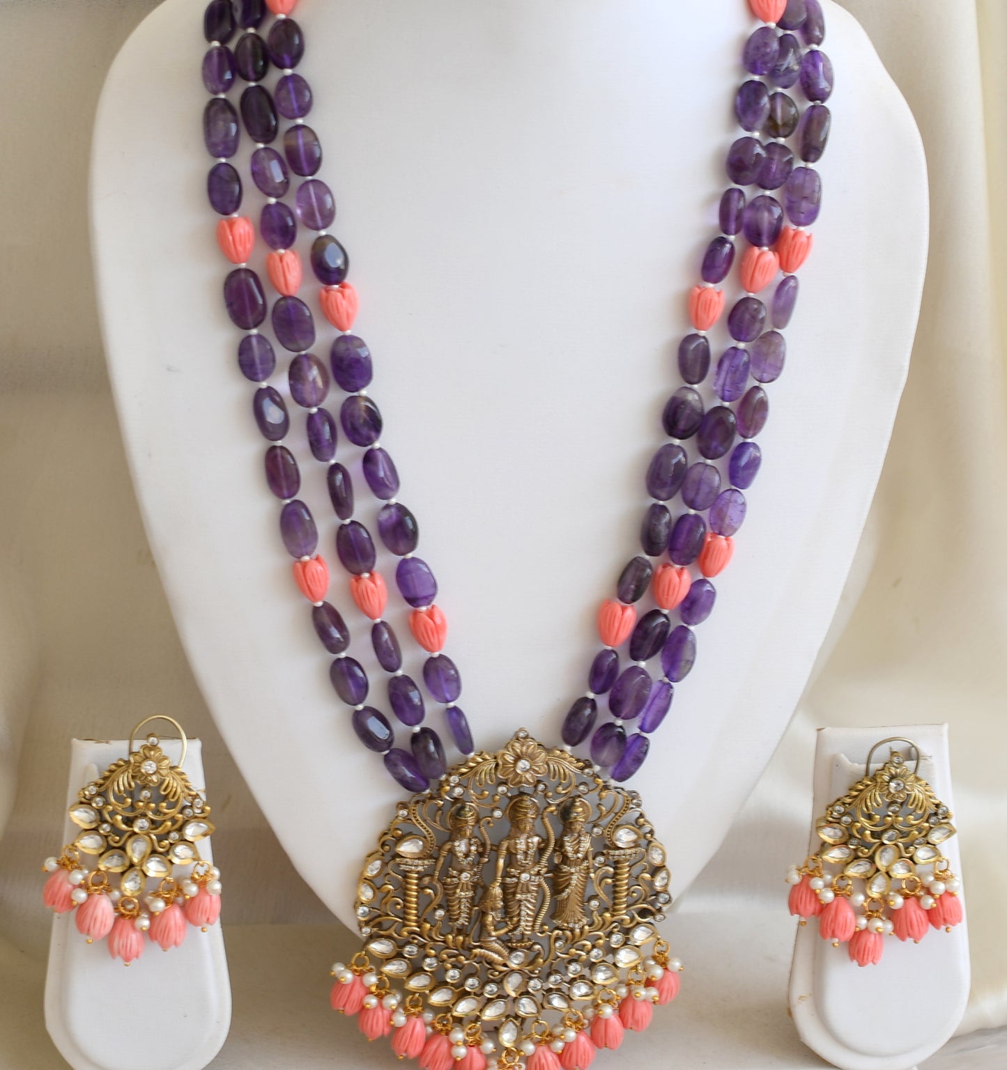 Antique cz purple-tulip beaded Ram Parivar Victorian haar set dj-42759