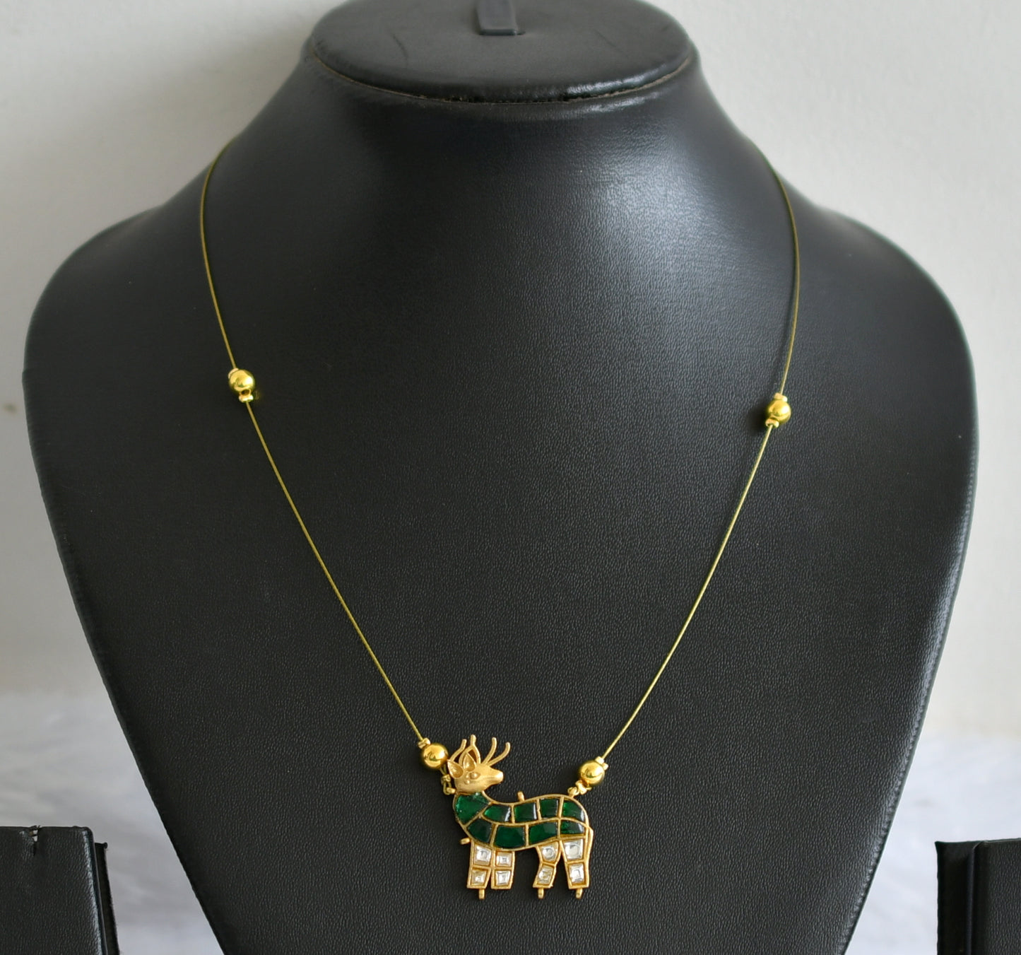 Gold tone green-white kundan jadau deer invisible necklace dj-49340