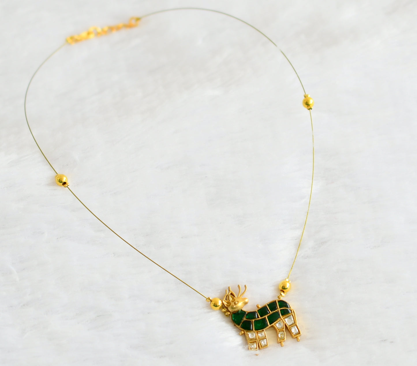 Gold tone green-white kundan jadau deer invisible necklace dj-49340