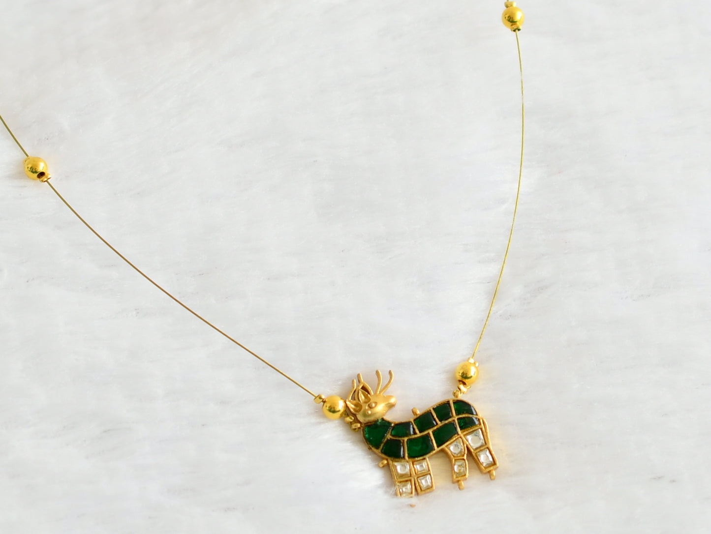 Gold tone green-white kundan jadau deer invisible necklace dj-49340