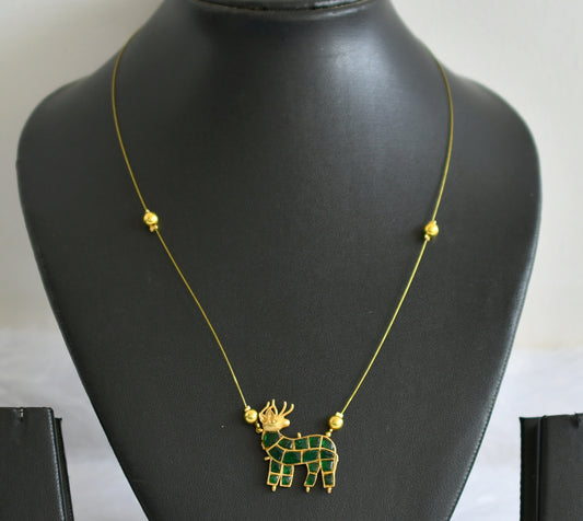 Gold tone green kundan jadau deer invisible necklace dj-49338