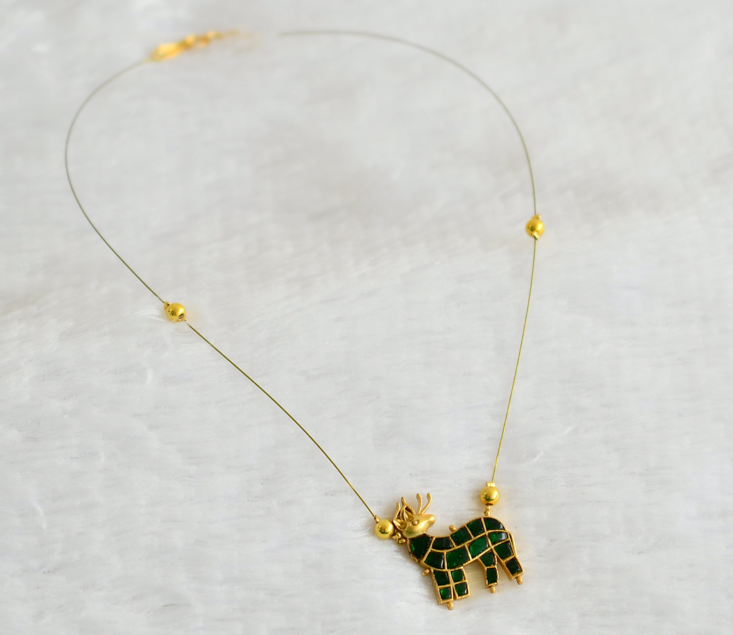 Gold tone green kundan jadau deer invisible necklace dj-49338