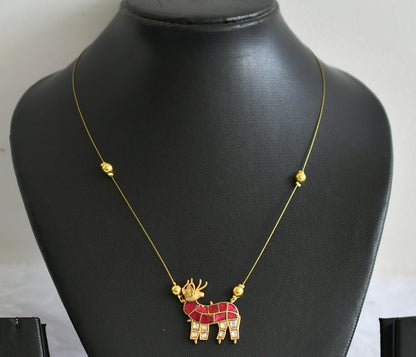 Gold tone pink-white kundan jadau deer invisible necklace dj-49337