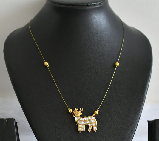 Gold tone white kundan jadau deer invisible necklace dj-49347