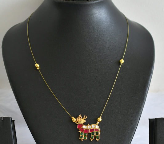 Gold tone pink-green-white kundan jadau deer invisible necklace dj-49334